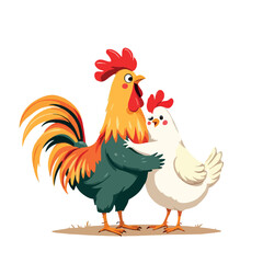 Vsai colorful rooster embracing white hen in loving hug