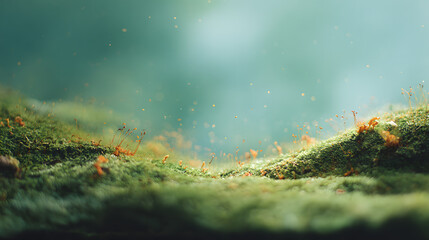 Fototapeta premium A fairy-tale inspired miniature landscape made of dense green moss, scattered with bits of bark, seed pods, and tiny leaf fragments to simulate a forest in miniature. Light filters through, giving a