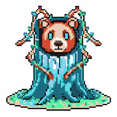 Obraz premium pixel art red panda in a magical forest setting, surrounded by vibrant vines and foliage