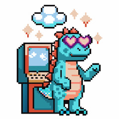 Pixel art dinosaur with heart sunglasses and arcade game retro gaming, nostalgic digital illustration