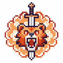 Fototapeta premium pixel art fierce tiger head with sword and orange floral background, symbolizing strength and courage
