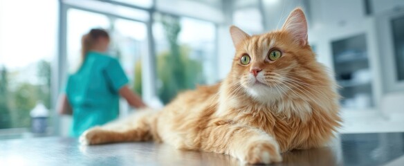 The attentive orange cat resting in a modern veterinary clinic setting.