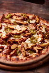 Gyros Pizza with jalapeno pepper and mozzarella cheese. Soft focus. Close up.	