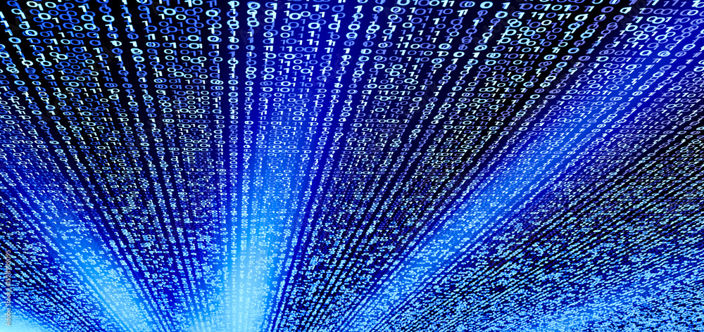 Poster binary numbers in perspective with bright blue light, digital data flow, advanced coding, computer s