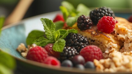 Delicious pancakes decorated with raspberries and blackberries, a tasty treat