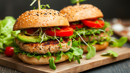 Juicy turkey burger topped with creamy avocado and fresh sprouts, dripping with flavor, a healthy and satisfying option for any meal