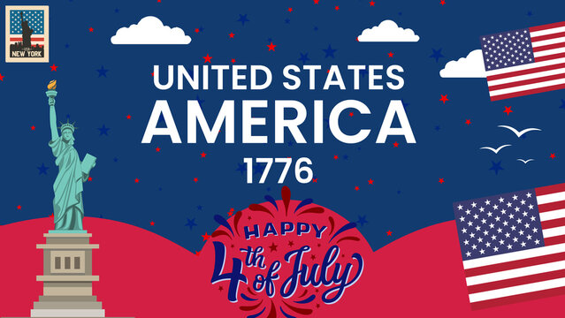 USA Independence Day: A vibrant illustration commemorates the 4th of July, showcasing the Statue of Liberty and American flags against a backdrop of stars, stripes, and patriotic fervor.