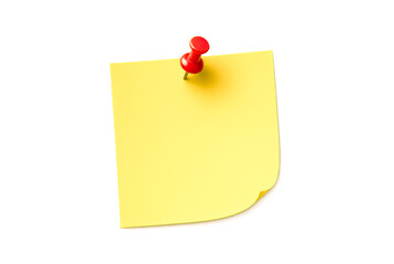 Yellow sticky note with red push pin for office reminders, message board communication, business organization, planning tasks, blank copy space, isolated on white background
