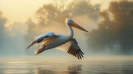 Obraz premium A majestic pelican in flight, captured over a misty lake at sunrise, embodying grace, freedom, and the beauty of nature in a tranquil setting.
