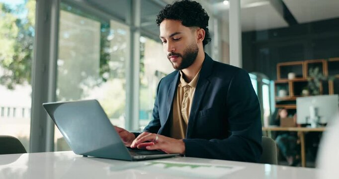 Office, typing and man with laptop, data analysis and financial performance of company and planning. Online, bookkeeper and person with tech for business growth, graphs or report for sales on website