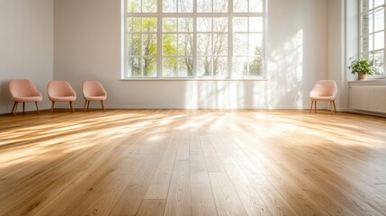A spacious, well-lit room featuring elegant wooden flooring and soft pink chairs, exuding minimalism and tranquility, perfect for modern interior design inspiration.
