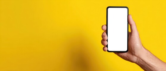 The smartphone held in a hand against a bright yellow background
