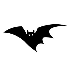 Silhouette of a flying bat with sharp wings and glowing eyes on white background
