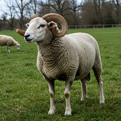 Obraz premium Majestic Ram: Stunning Close-Up of a Large Horned Sheep in a Lush Pasture on transparent background