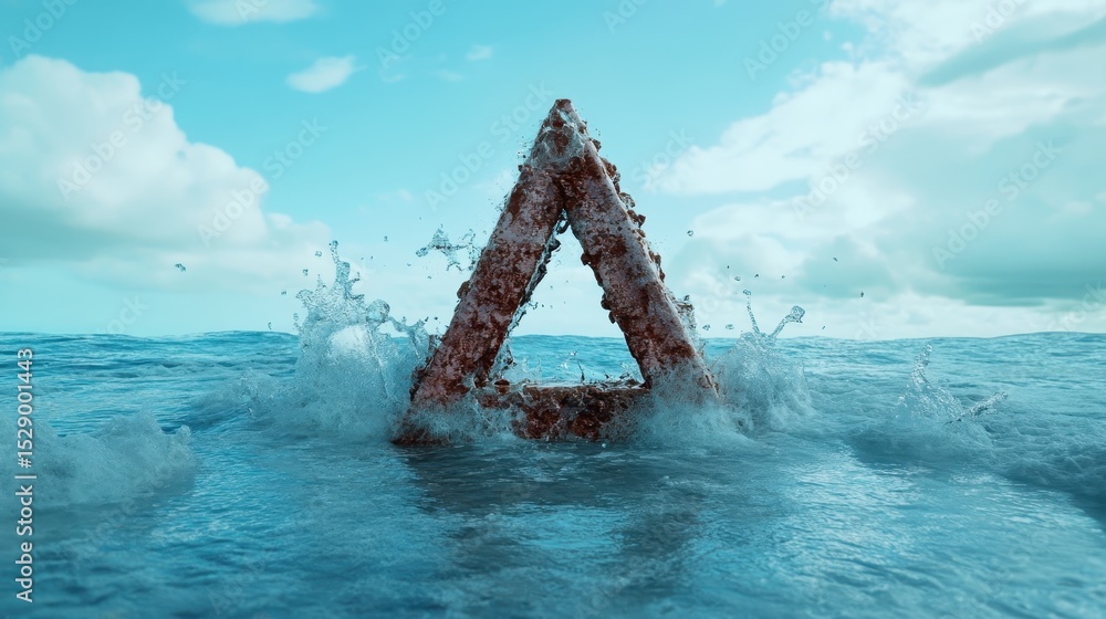 Poster an abstract triangular shape rises from the ocean, surrounded by splashing waves under a bright blue