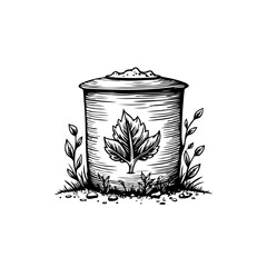 Engraved illustration of a compost bin with a leaf symbol representing recycling