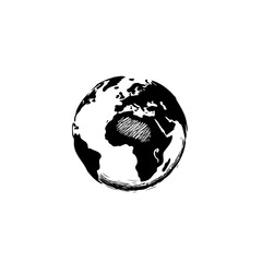 Monochrome globe illustration with prominent continents and a hatched ocean area