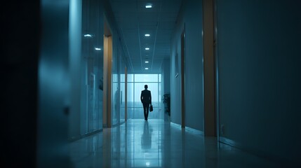 Silhouette walking down long modern office corridor, leaving for the day, business trip