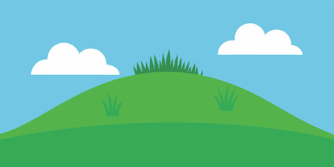 Fototapeta premium Scenic Grassy Hill Landscape Background with Green Grass and Blue Sky Vector Illustration