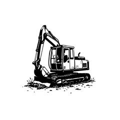 Detailed monochrome line drawing of an excavator equipment for building works
