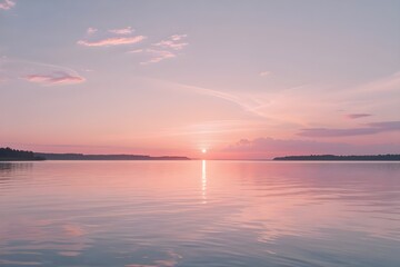 Fototapeta premium Golden sun dips below the horizon, painting the sky and tranquil water with fiery orange and deep red hues, a beautiful nature landscape at dusk