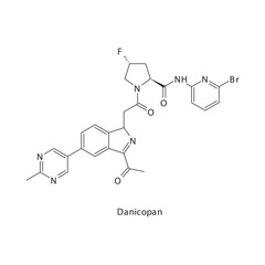 Danicopan chemical structure skeletal formula. Complement factor D inhibitor drug used to treat Paroxysmal nocturnal hemoglobinuria (PNH). Simple schematic illustration.