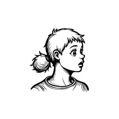 Monochrome illustration of a girl with a ponytail looking to the side in surprise
