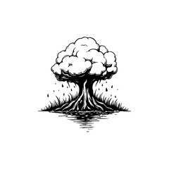 Monochrome illustration of a stylized tree with water reflections on the ground