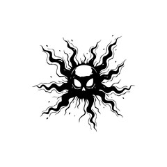 Eerie Black and White Skull Sun with Flames and Dark Aesthetics, Vector Art