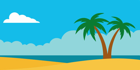 Obraz premium Idyllic Palm Beach Landscape Background with Sandy Shore and Clear Water Vector Illustration