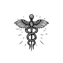 Hand-drawn Caduceus Symbol: Illustrative Medical Icon for Healthcare and Wellness