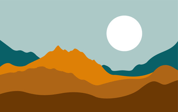 Mountain landscape with moon. Sunset. Mountainous terrain. Hills silhouette vector