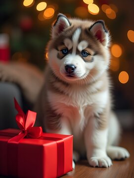 Cozy Siberian Husky Puppy Near Wrapped Christmas Gift With Red Ribbon and Bokeh Lights at Family Gathering
