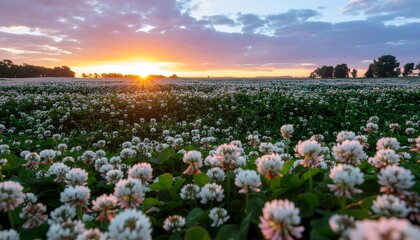 Fototapeta premium Clover Field at Sunset with Beautiful Light and Pink Clouds