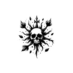Intricate monochrome skull design with a central cross and radiating floral elements