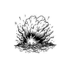 Dynamic black and white illustration of an explosion with swirling energy