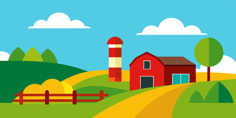 Picturesque Rural Farm Landscape Background with Barns and Green Fields Vector Illustration