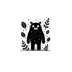 Whimsical black and white illustration of a cute monster surrounded by leaves