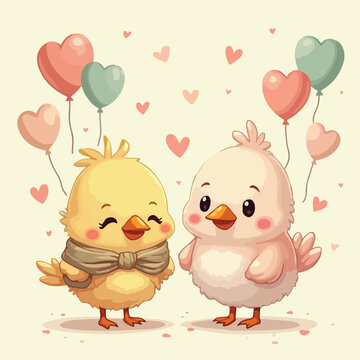 two fluppy chicken with love ballons