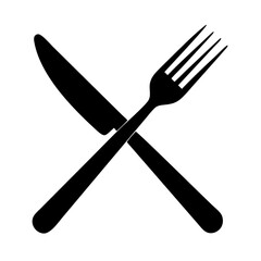Black crossed fork and knife icon isolated on whit 