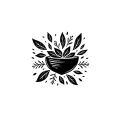 Minimalist Black and White Illustration of a Bowl Surrounded by Leaves and Branches