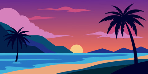 Serene Tropical Beach at Dusk Landscape Background with Sunset Colors Vector Illustration