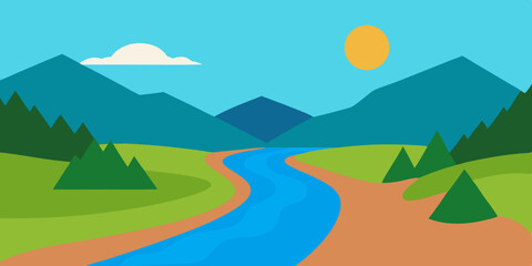 Picturesque Valley with Flowing River Landscape Background Vector Illustration