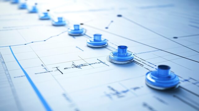 Blue progress markers on a financial graph showing growth and development.