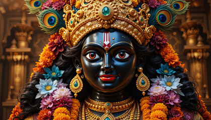 Fototapeta premium Exquisite portrait of a hindu deity adorned with flowers and golden jewelry