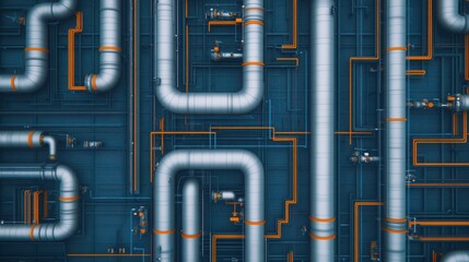 A network of large metallic pipes and orange cables arranged in a complex, industrial pattern on a dark background.