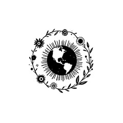 Black and White Illustration of Earth with Floral Wreath for Eco-Conscious Designs