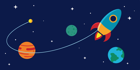 Dynamic Animated Rocket Crossing Between Orbit Trails and Colorful Planets Vector Illustration Background