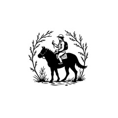 A vintage vector illustration of a person riding a horse in a forest frame