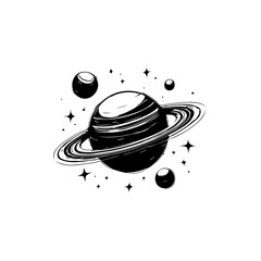 Illustrative depiction of saturn with celestial bodies and stars in monochrome style © Rahma